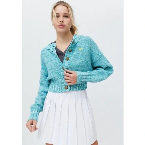 Urban Outfitters BDG Winnie Marled Knit Cropped Cardigan Sweater Small Teal - Picture 1 of 8